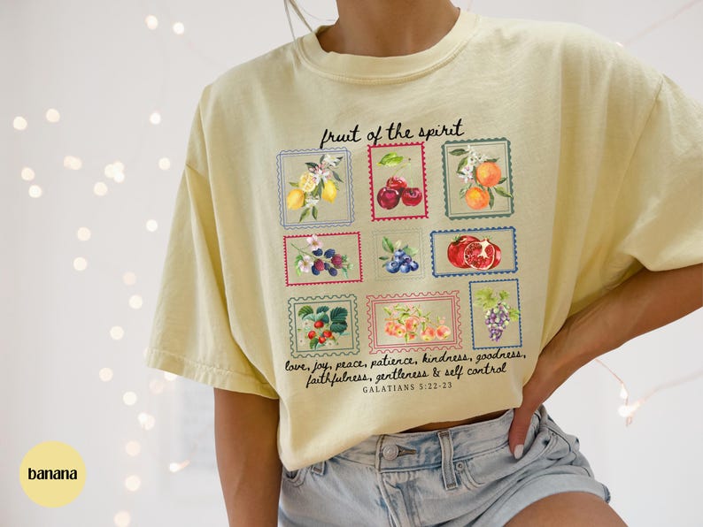 Fruit of the Spirit Christian Tshirt, Postage Stamp Bible Verse Shirt,
Aesthetic Summer Tee, Trendy Farmer's Market Jesus Faith Apparel