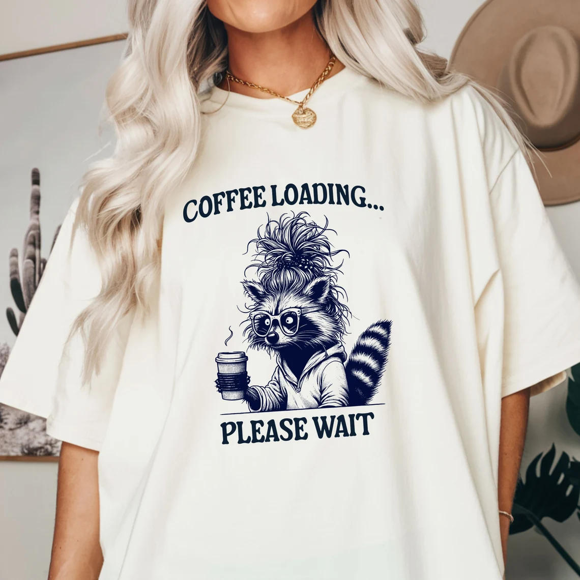 Coffee Loading Please Wait T-Shirt – Funny Raccoon & Snarky Quote Tee