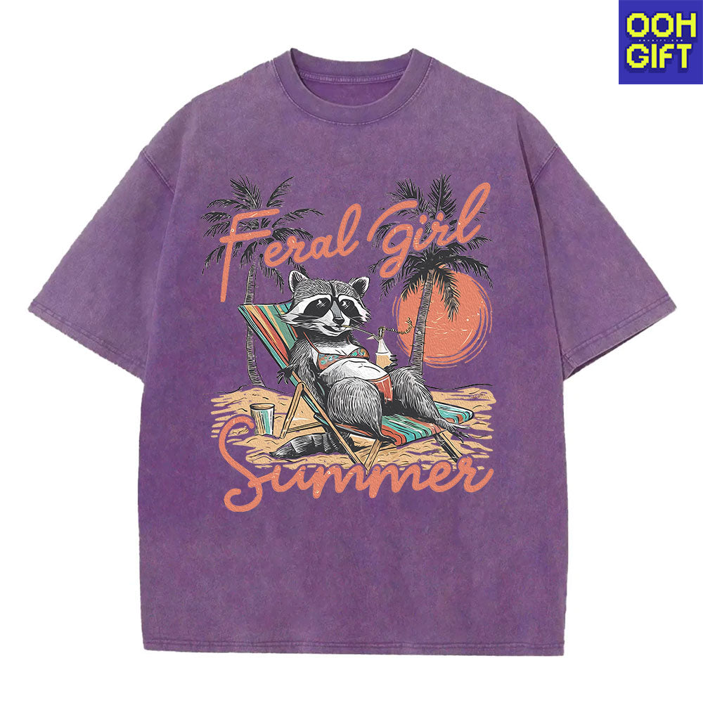 Feral Girl Summer Raccoon T-Shirt - Funny Western Cowgirl Meme Tee