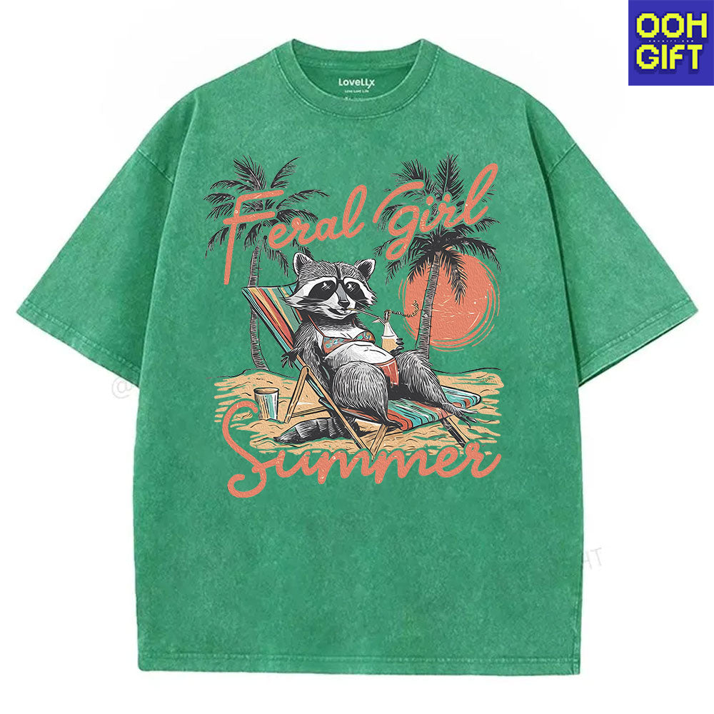 Feral Girl Summer Raccoon T-Shirt - Funny Western Cowgirl Meme Tee