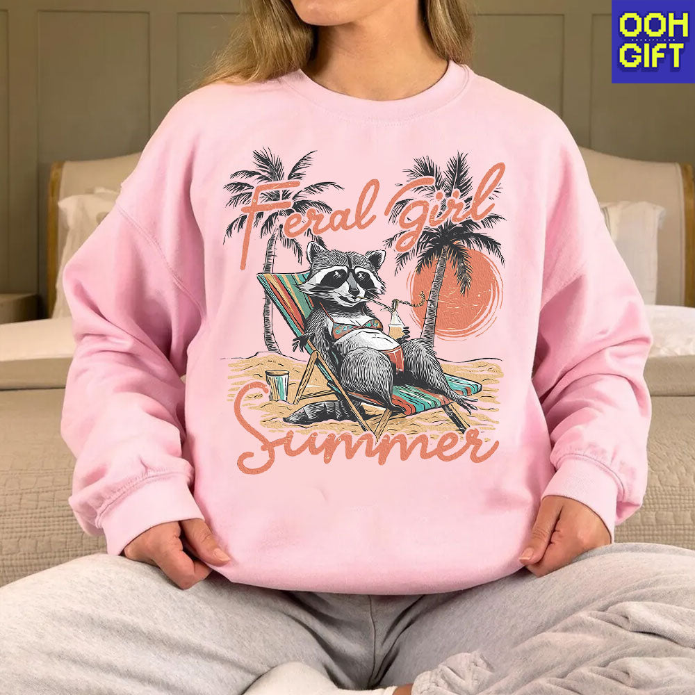 Feral Girl Summer Raccoon T-Shirt - Funny Western Cowgirl Meme Tee