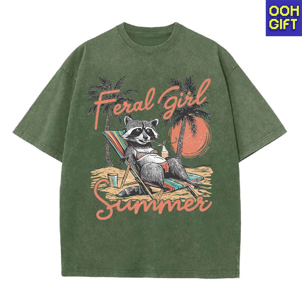 Feral Girl Summer Raccoon T-Shirt - Funny Western Cowgirl Meme Tee