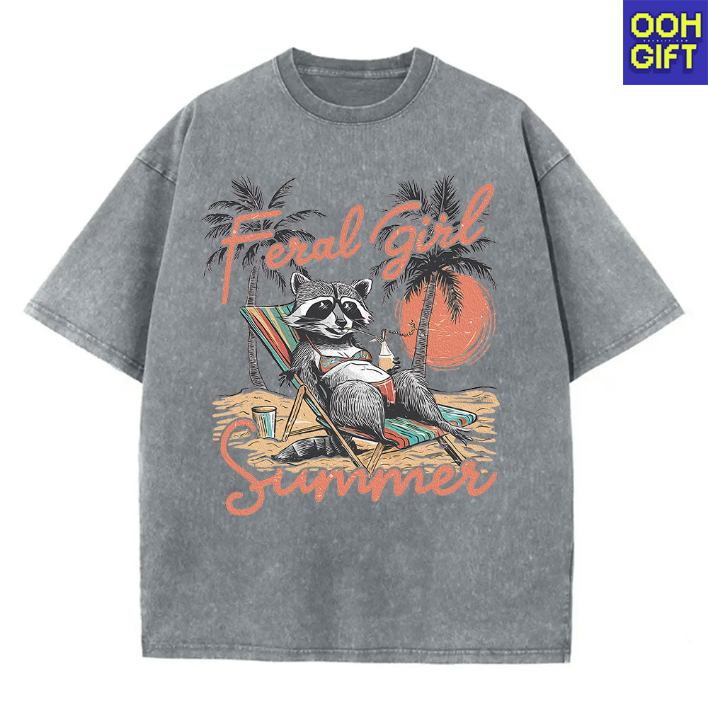 Feral Girl Summer Raccoon T-Shirt - Funny Western Cowgirl Meme Tee