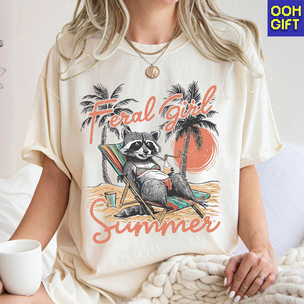 Feral Girl Summer Raccoon T-Shirt - Funny Western Cowgirl Meme Tee