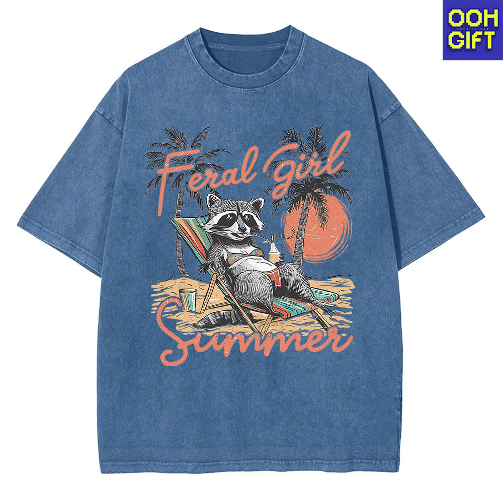 Feral Girl Summer Raccoon T-Shirt - Funny Western Cowgirl Meme Tee