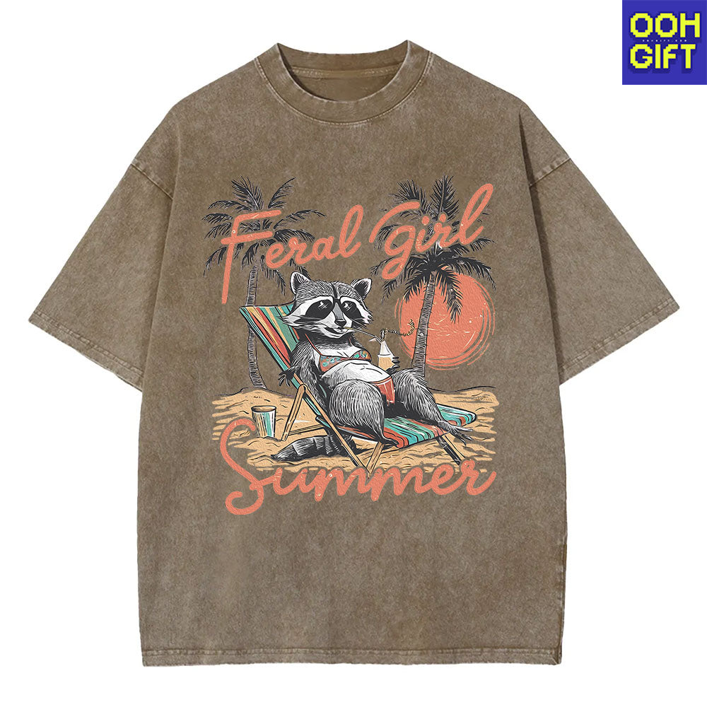 Feral Girl Summer Raccoon T-Shirt - Funny Western Cowgirl Meme Tee