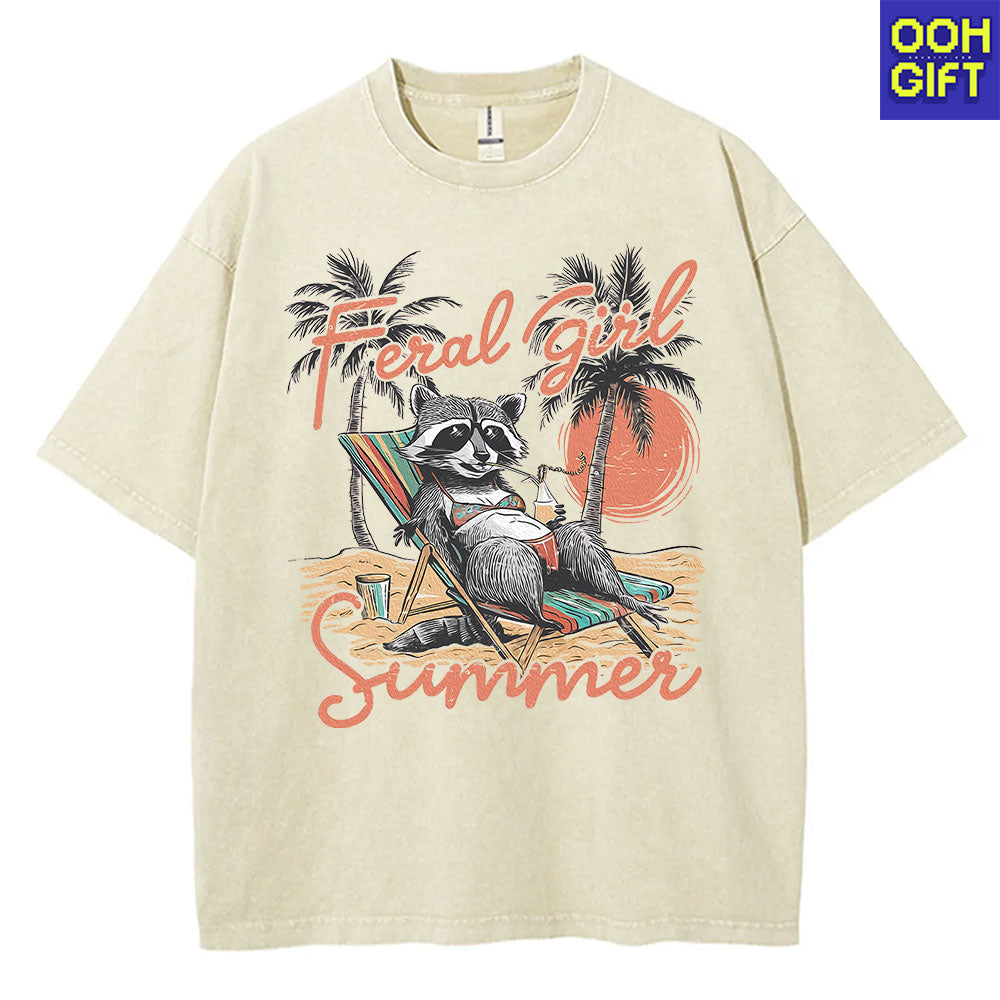 Feral Girl Summer Raccoon T-Shirt - Funny Western Cowgirl Meme Tee