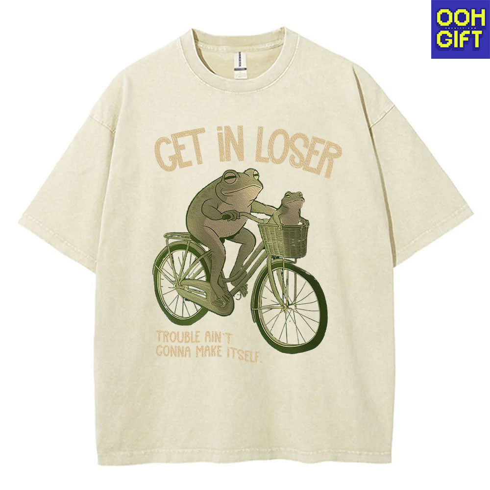 Funny Frog T-Shirt – “Get In Loser” Frogs on Bicycle Graphic Tee | Cute & Trendy Humor Shirt