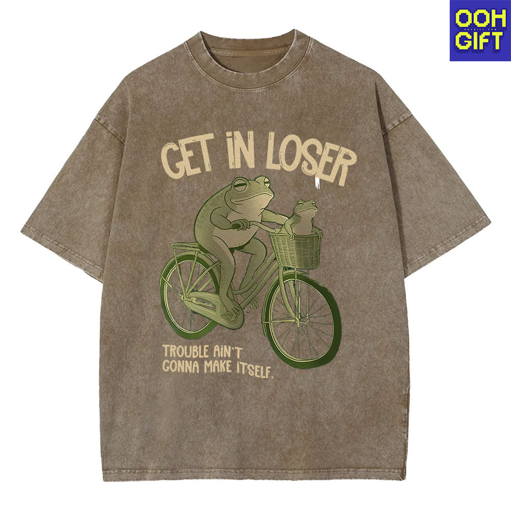 Funny Frog T-Shirt – “Get In Loser” Frogs on Bicycle Graphic Tee | Cute & Trendy Humor Shirt