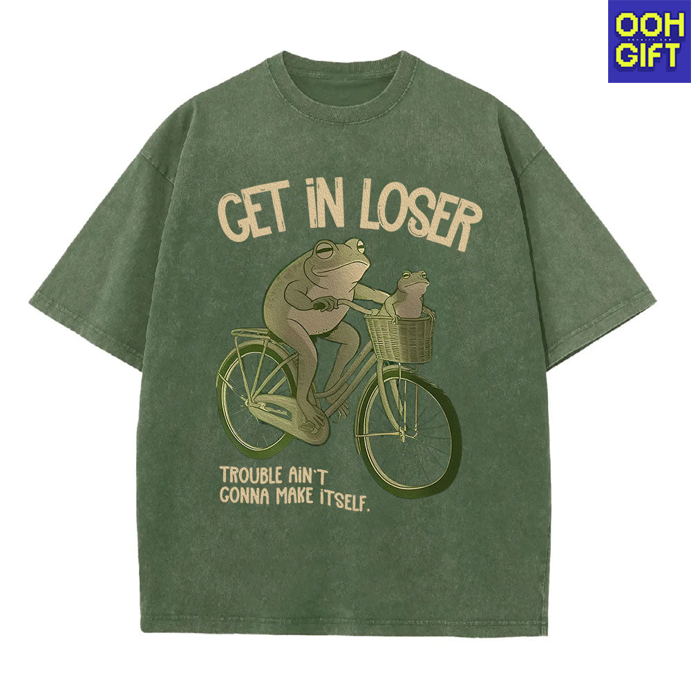 Funny Frog T-Shirt – “Get In Loser” Frogs on Bicycle Graphic Tee | Cute & Trendy Humor Shirt