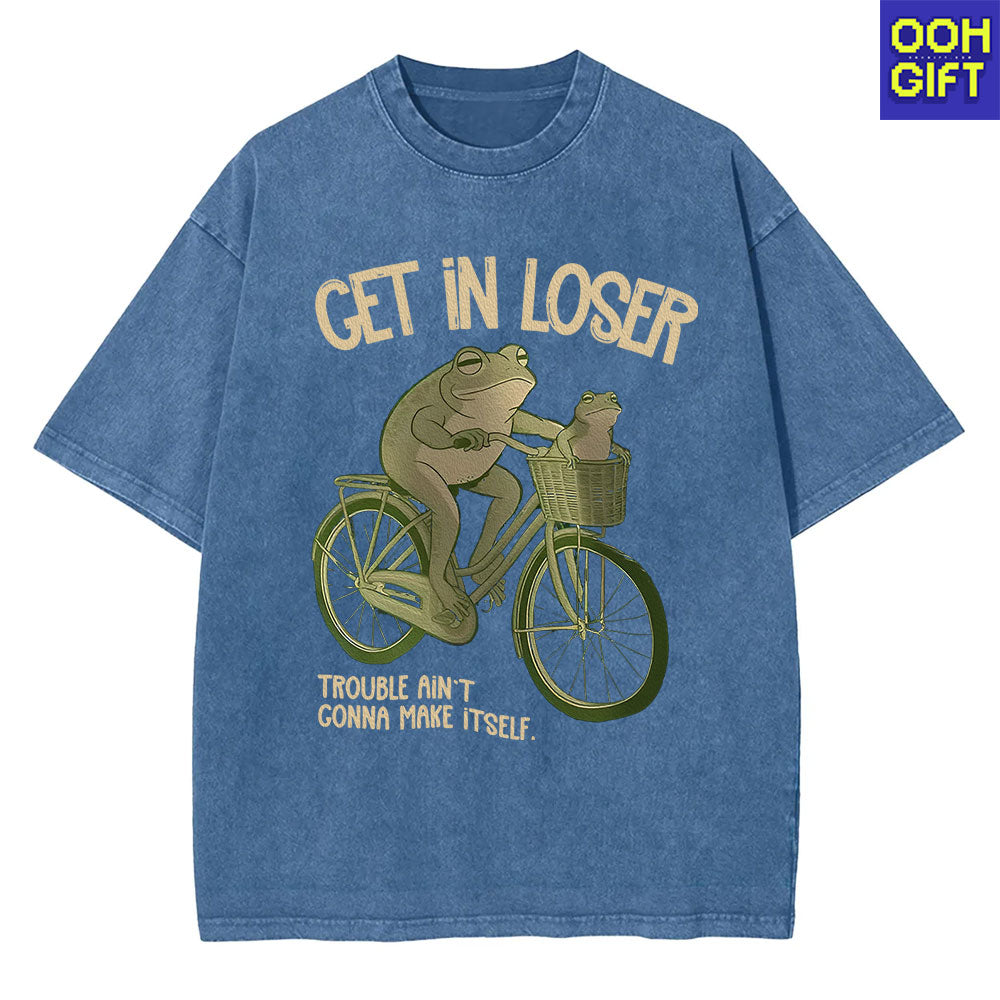 Funny Frog T-Shirt – “Get In Loser” Frogs on Bicycle Graphic Tee | Cute & Trendy Humor Shirt