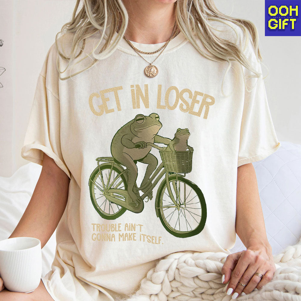 Funny Frog T-Shirt – “Get In Loser” Frogs on Bicycle Graphic Tee | Cute & Trendy Humor Shirt