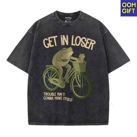 Funny Frog T-Shirt – “Get In Loser” Frogs on Bicycle Graphic Tee | Cute & Trendy Humor Shirt