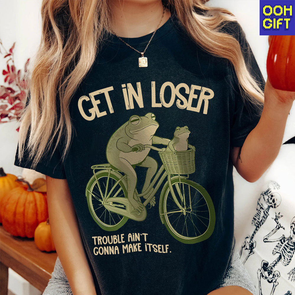 Funny Frog T-Shirt – “Get In Loser” Frogs on Bicycle Graphic Tee | Cute & Trendy Humor Shirt