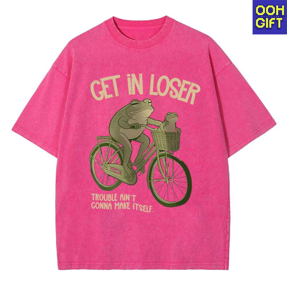 Funny Frog T-Shirt – “Get In Loser” Frogs on Bicycle Graphic Tee | Cute & Trendy Humor Shirt