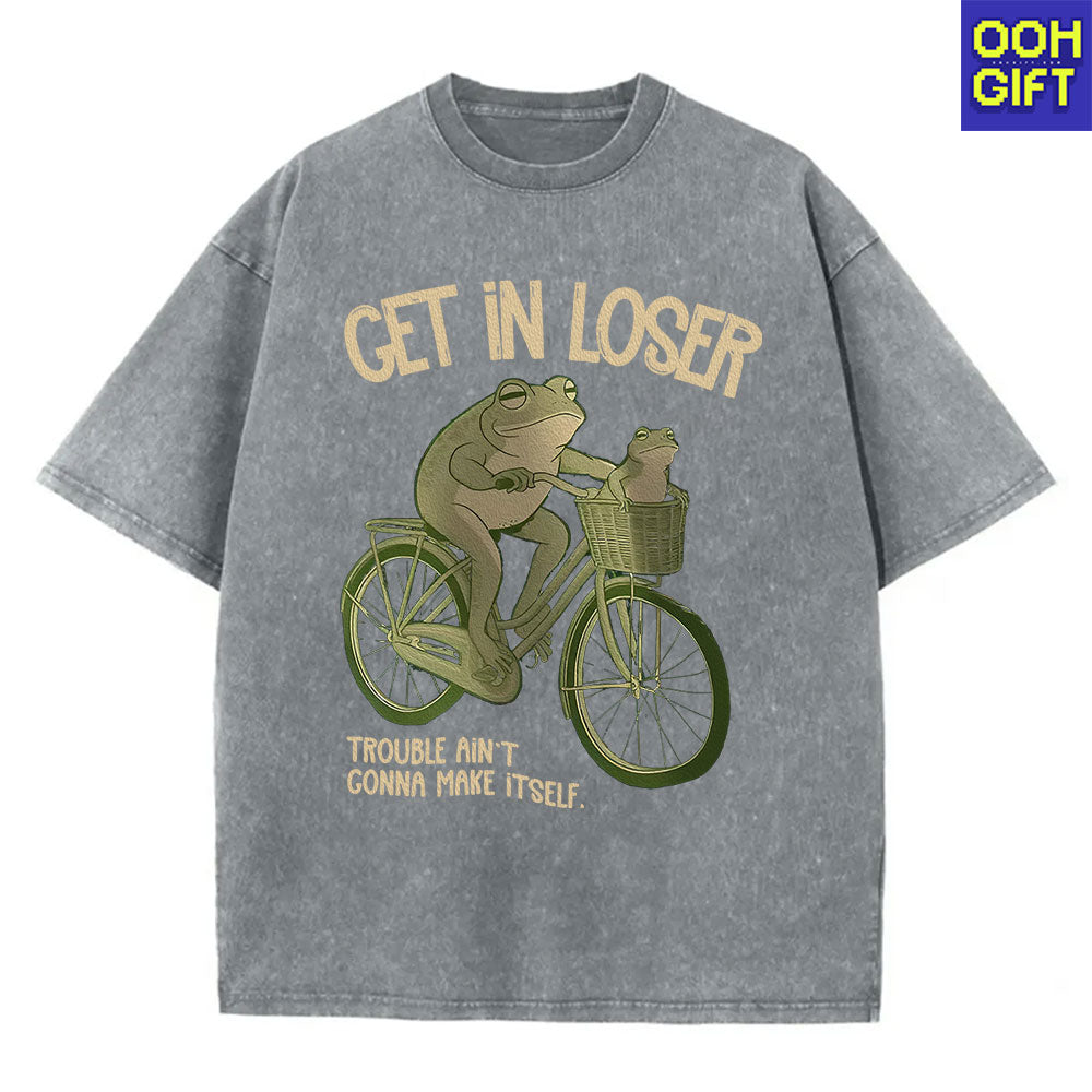 Funny Frog T-Shirt – “Get In Loser” Frogs on Bicycle Graphic Tee | Cute & Trendy Humor Shirt