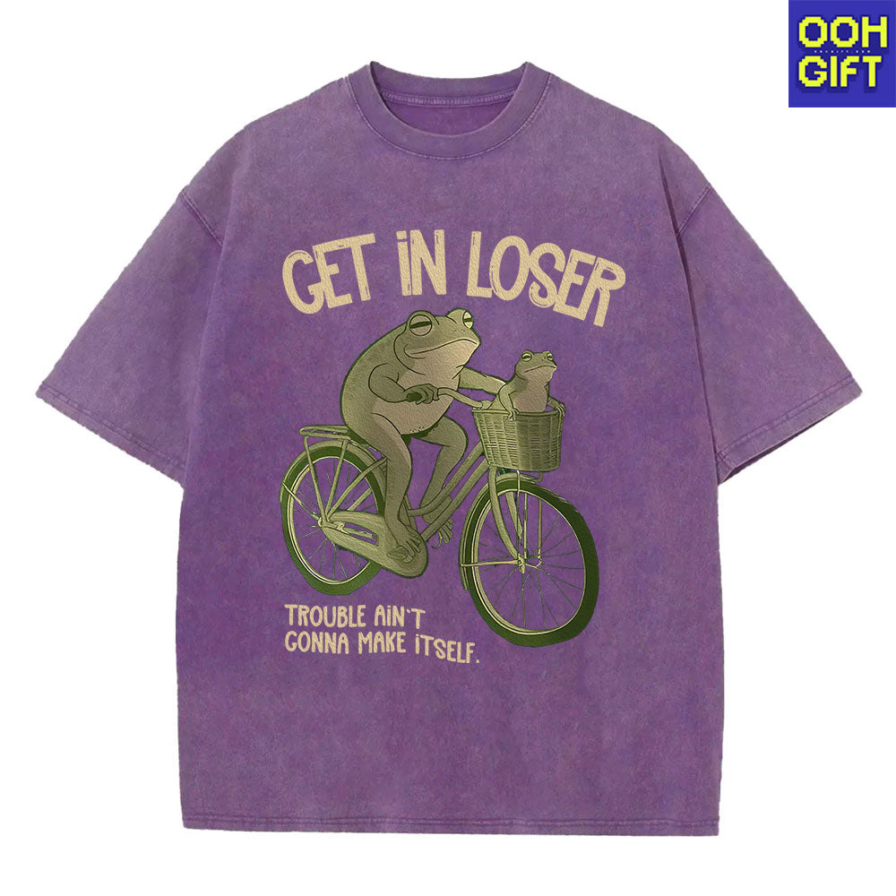 Funny Frog T-Shirt – “Get In Loser” Frogs on Bicycle Graphic Tee | Cute & Trendy Humor Shirt