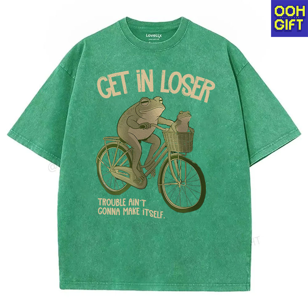 Funny Frog T-Shirt – “Get In Loser” Frogs on Bicycle Graphic Tee | Cute & Trendy Humor Shirt