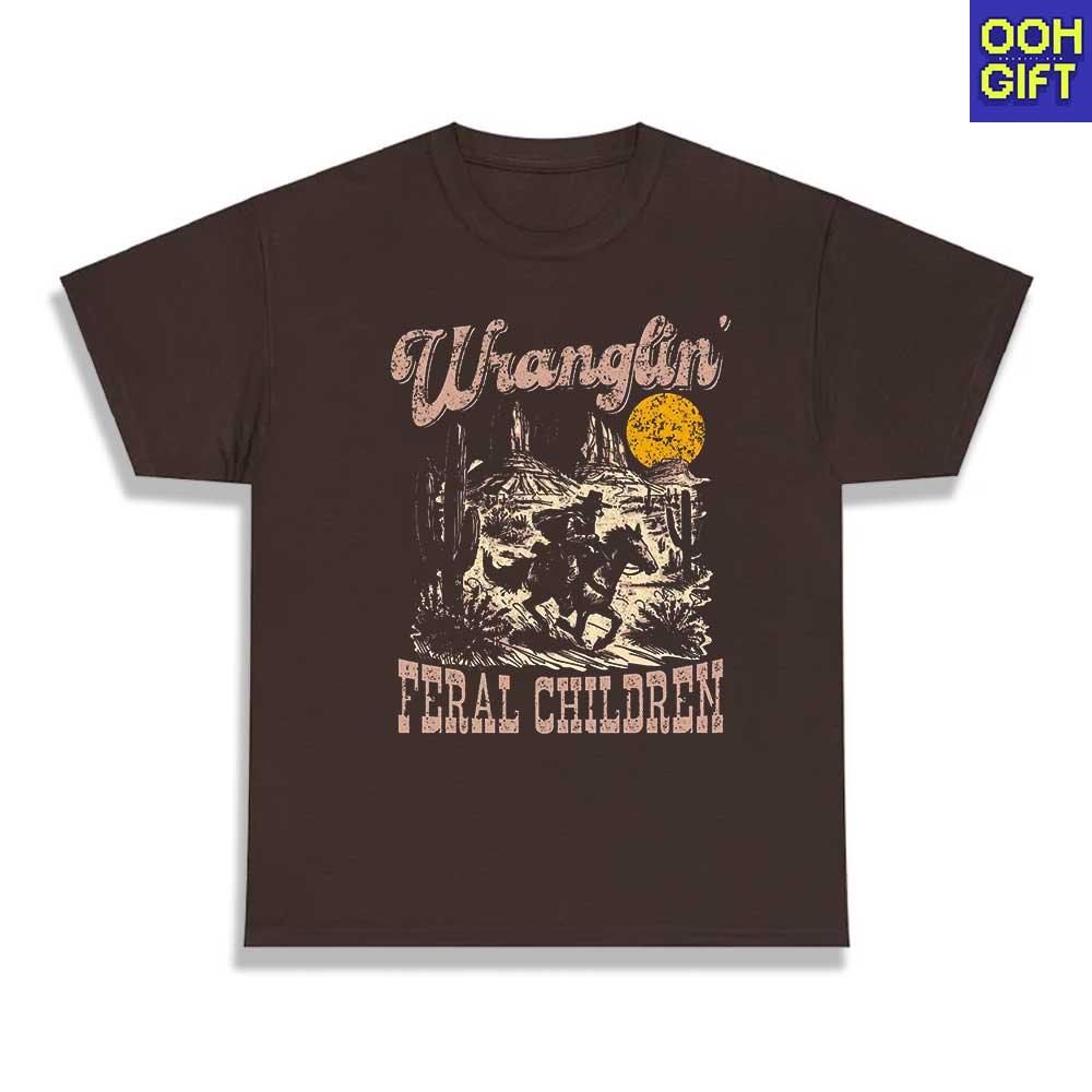 Funny Sarcastic Retro Wranglin' Feral Children Raccoon Shirt Humorous Sarcastic 90s Western Tee - Ooh-Gift