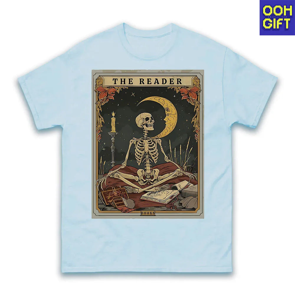 The Reader Tarot Card Shirt – Skeleton Reading Tee for Book Lovers