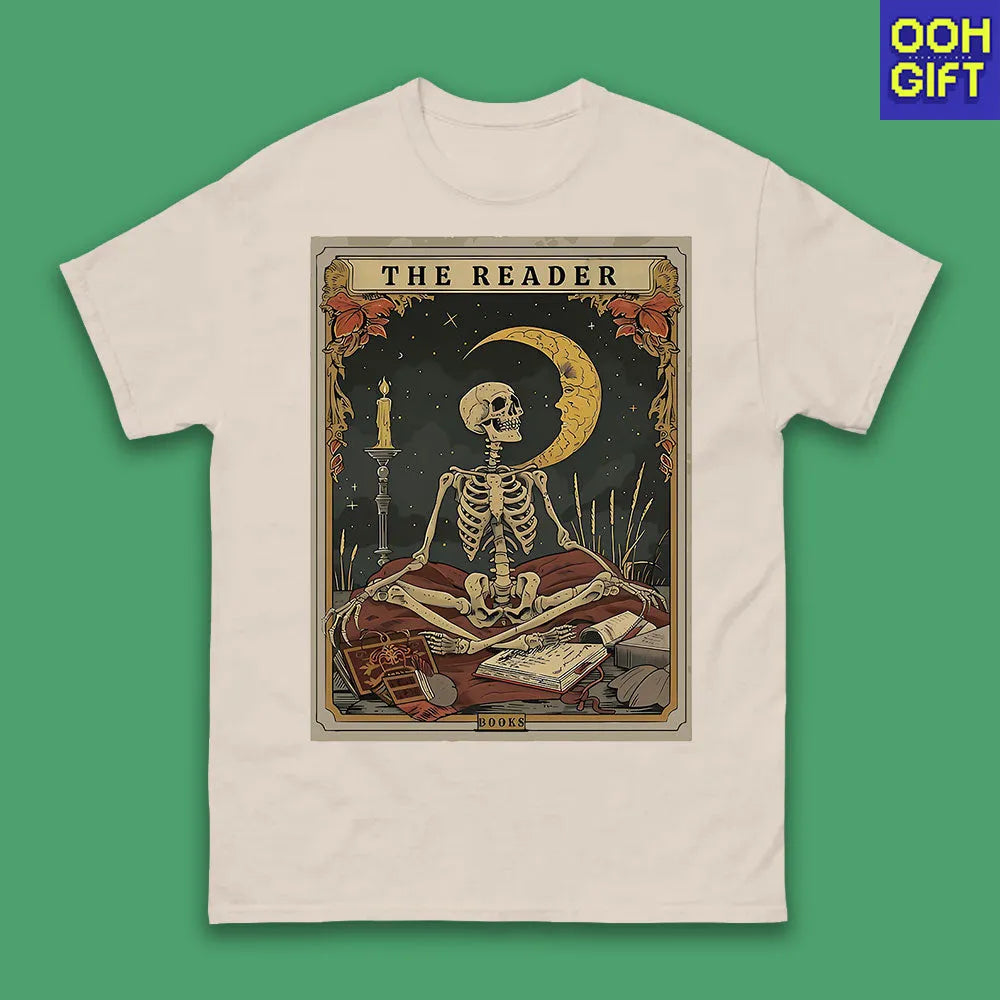 The Reader Tarot Card Shirt – Skeleton Reading Tee for Book Lovers