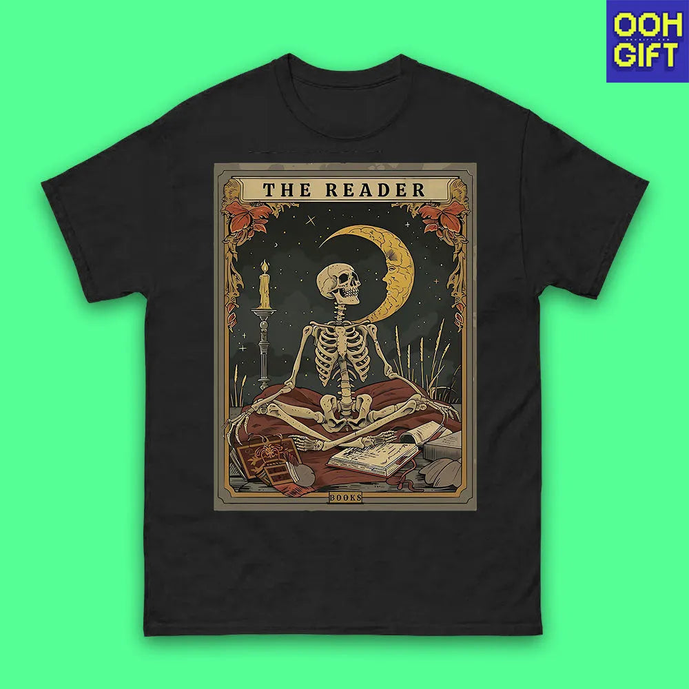 The Reader Tarot Card Shirt – Skeleton Reading Tee for Book Lovers