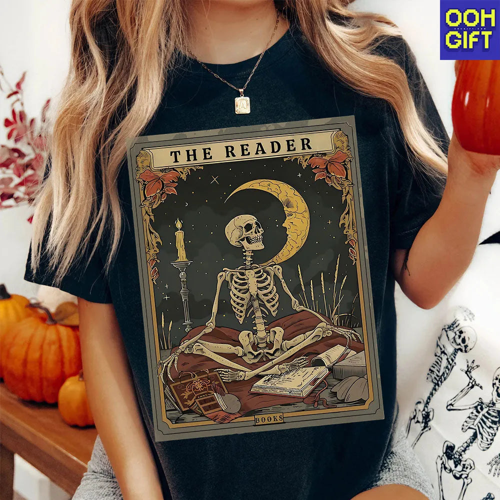 The Reader Tarot Card Shirt – Skeleton Reading Tee for Book Lovers