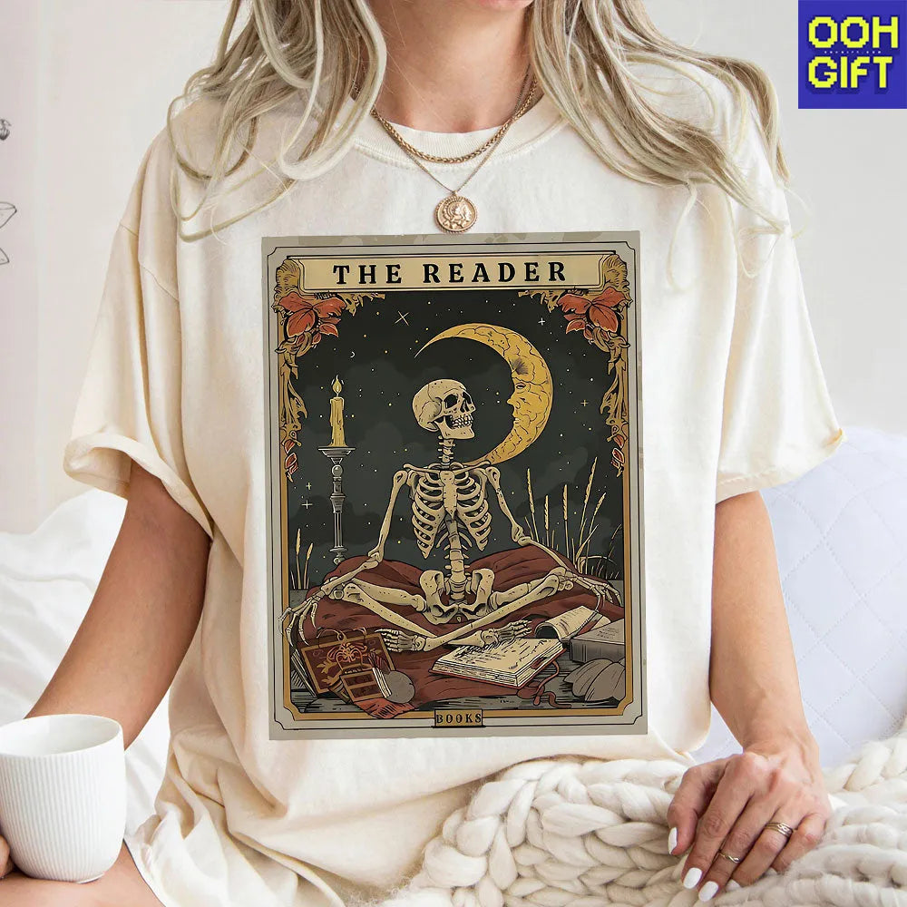 The Reader Tarot Card Shirt – Skeleton Reading Tee for Book Lovers