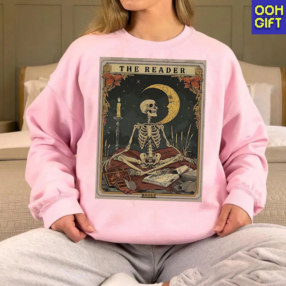 The Reader Tarot Card Shirt – Skeleton Reading Tee for Book Lovers