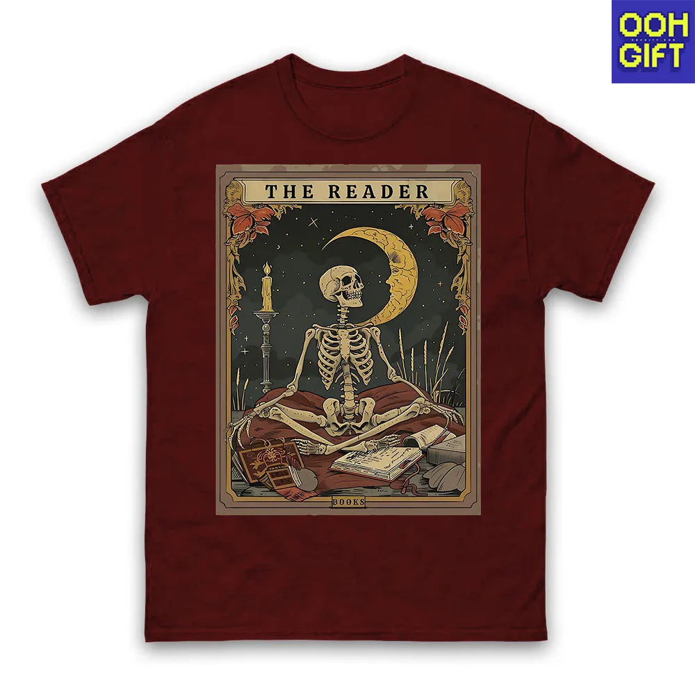 The Reader Tarot Card Shirt – Skeleton Reading Tee for Book Lovers