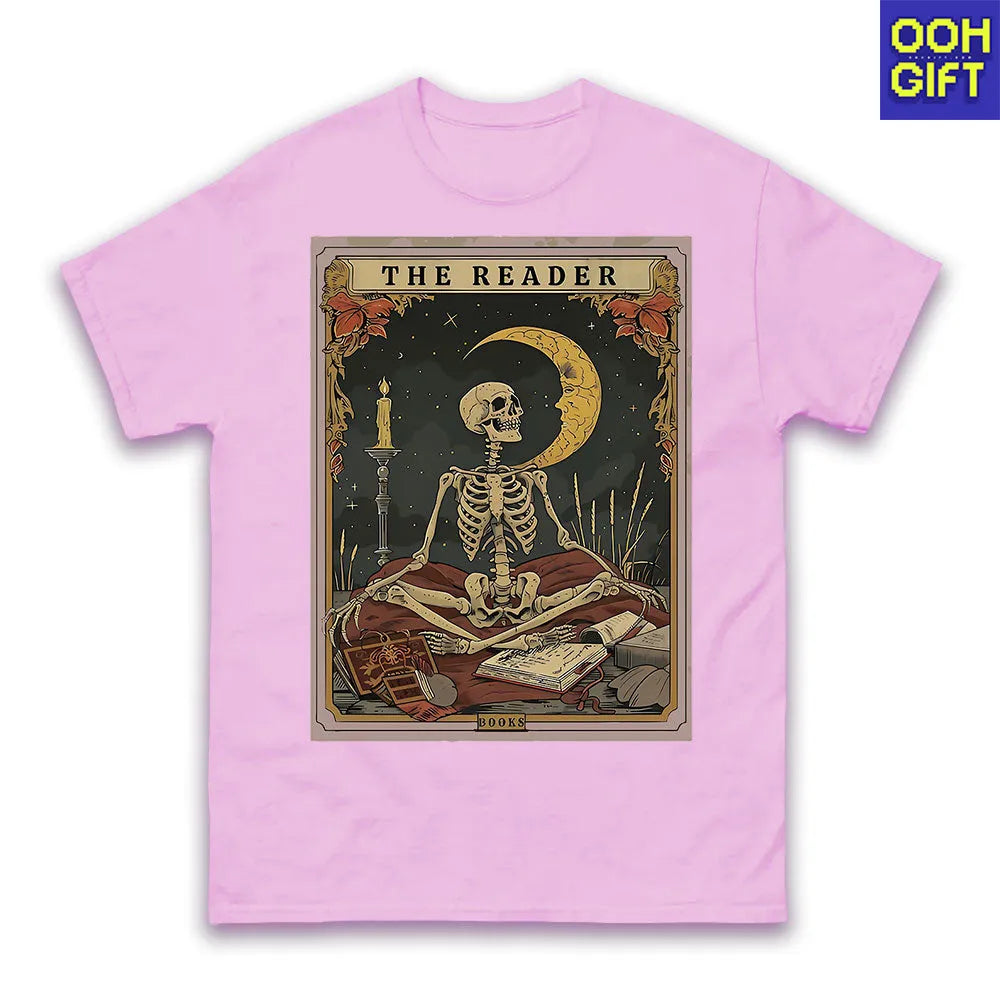 The Reader Tarot Card Shirt – Skeleton Reading Tee for Book Lovers