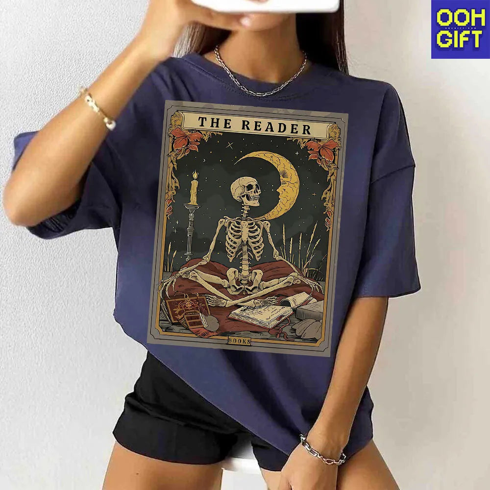 The Reader Tarot Card Shirt – Skeleton Reading Tee for Book Lovers