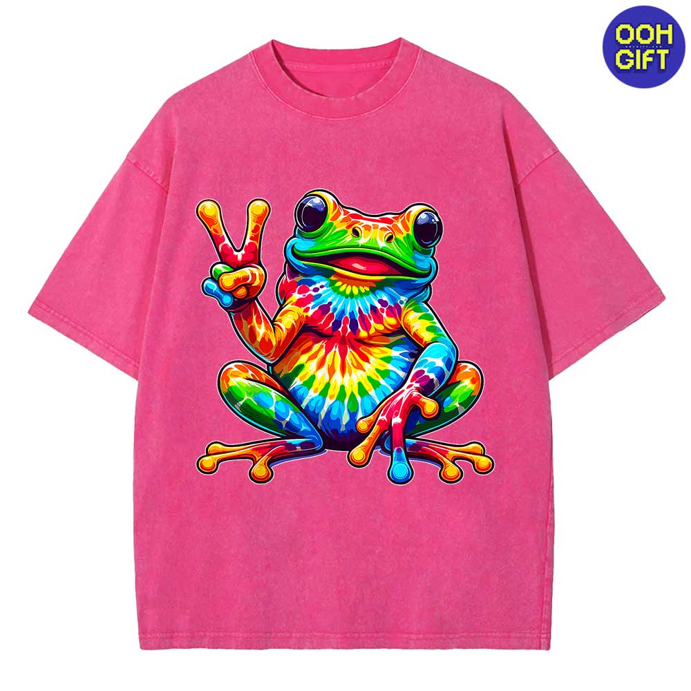 Tie-Dye Frog Peace Sign T-Shirt - Groovy Hippie Retro Tee