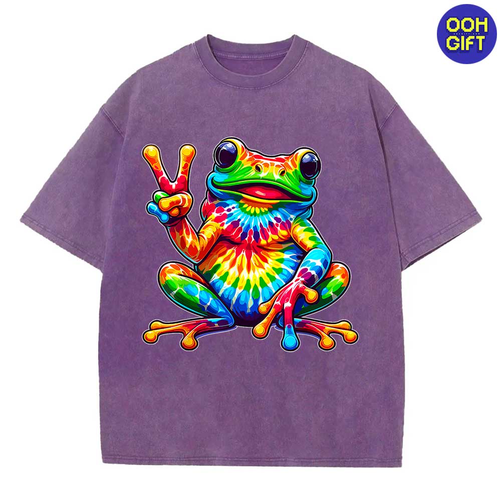 Tie-Dye Frog Peace Sign T-Shirt - Groovy Hippie Retro Tee