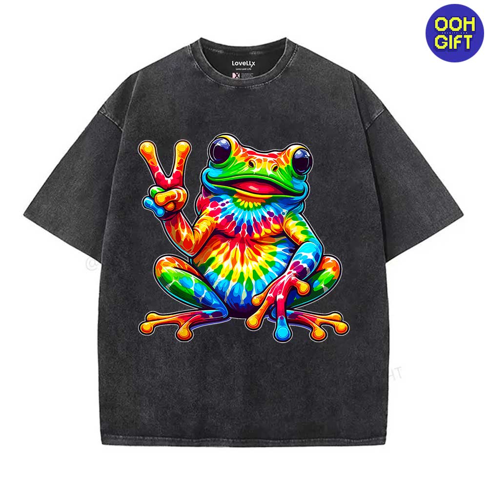 Tie-Dye Frog Peace Sign T-Shirt - Groovy Hippie Retro Tee