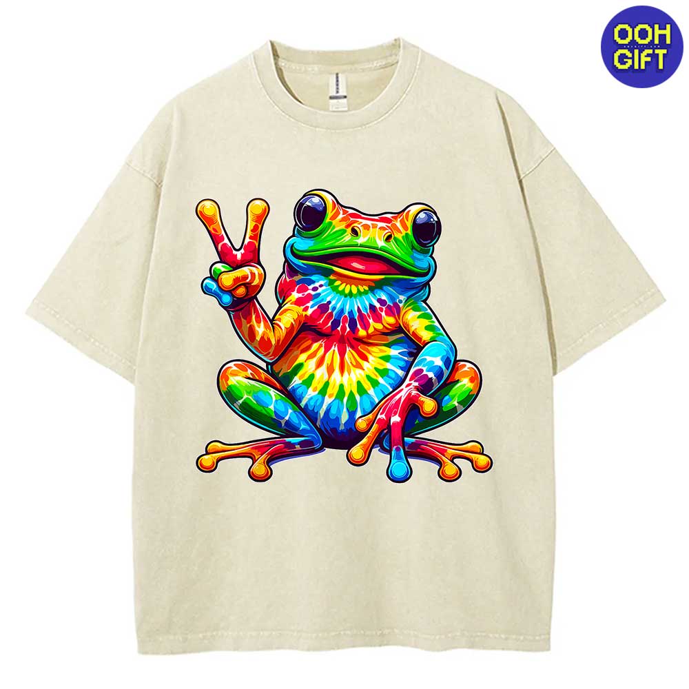 Tie-Dye Frog Peace Sign T-Shirt - Groovy Hippie Retro Tee