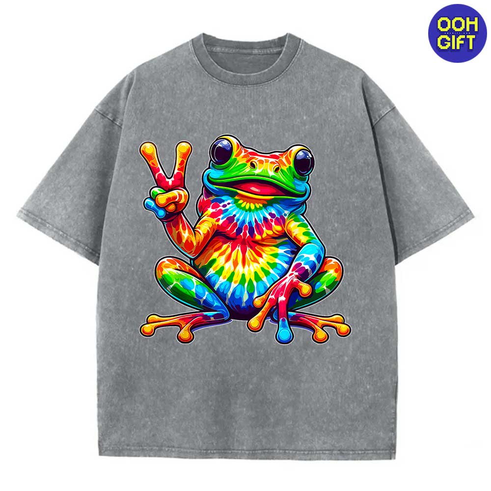 Tie-Dye Frog Peace Sign T-Shirt - Groovy Hippie Retro Tee