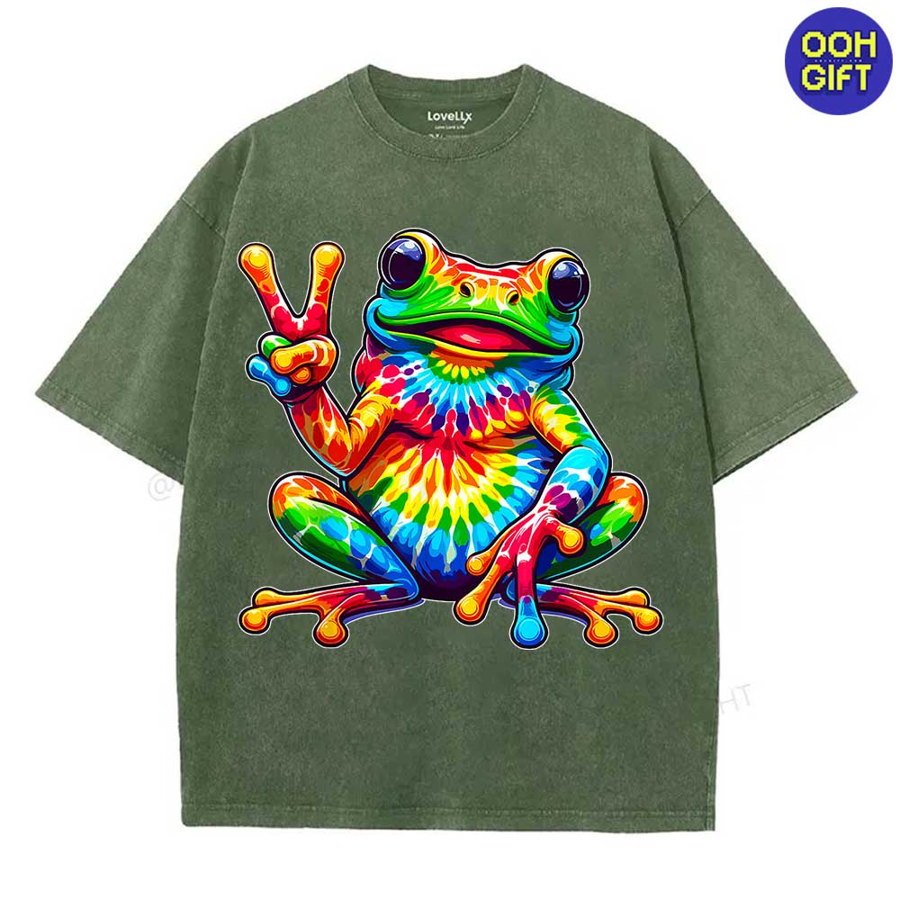 Tie-Dye Frog Peace Sign T-Shirt - Groovy Hippie Retro Tee