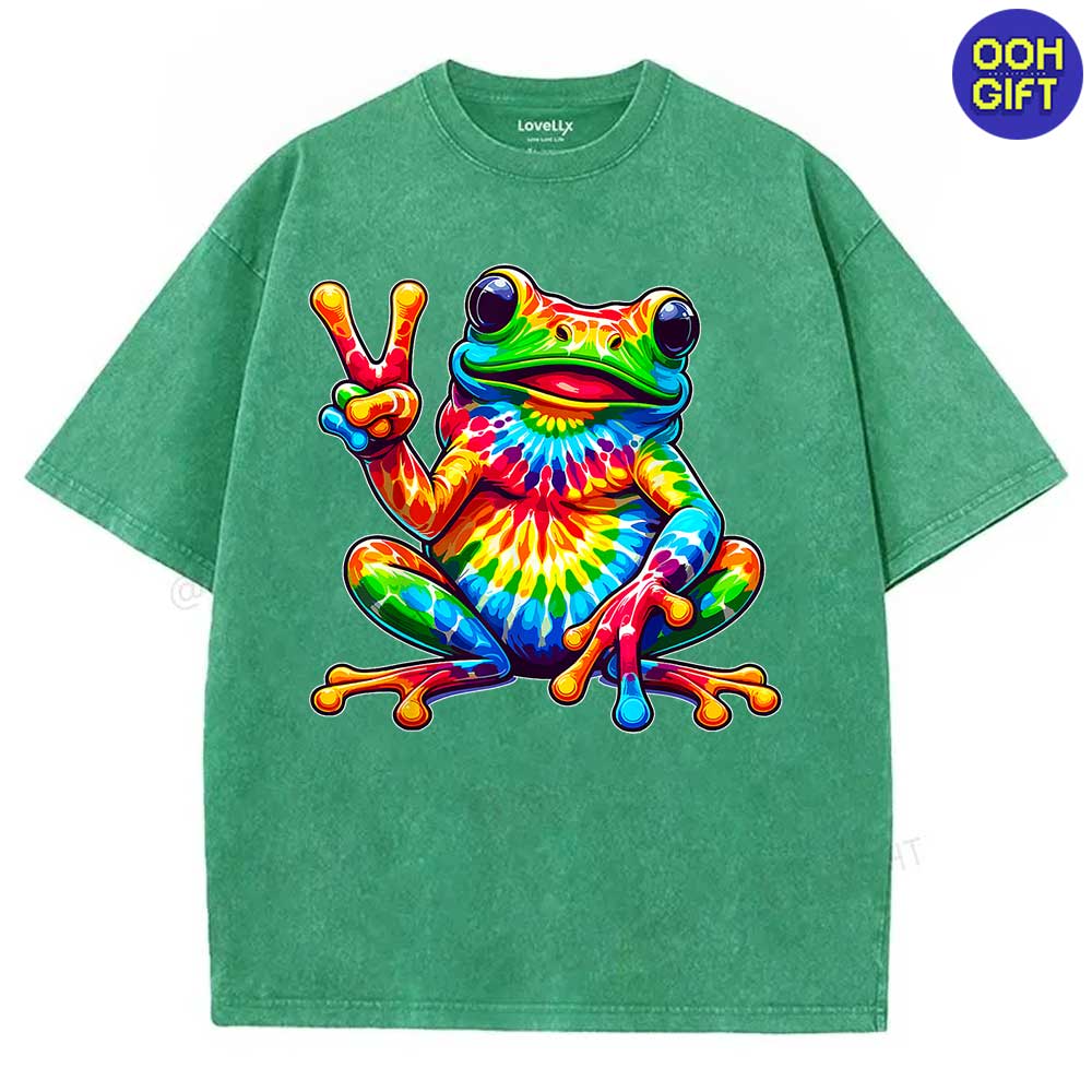 Tie-Dye Frog Peace Sign T-Shirt - Groovy Hippie Retro Tee