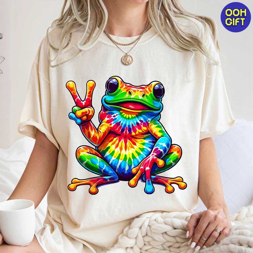 Tie-Dye Frog Peace Sign T-Shirt - Groovy Hippie Retro Tee