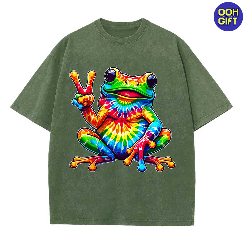 Tie-Dye Frog Peace Sign T-Shirt - Groovy Hippie Retro Tee