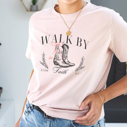 Coquette Cowgirl Boots Christian Tshirt, Walk By Faith Aesthetic Pink Bow 
Shirt, Trendy Jesus Faith Apparel Gift, Religious Friend Gift Idea