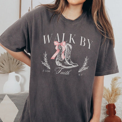 Coquette Cowgirl Boots Christian Tshirt, Walk By Faith Aesthetic Pink Bow 
Shirt, Trendy Jesus Faith Apparel Gift, Religious Friend Gift Idea