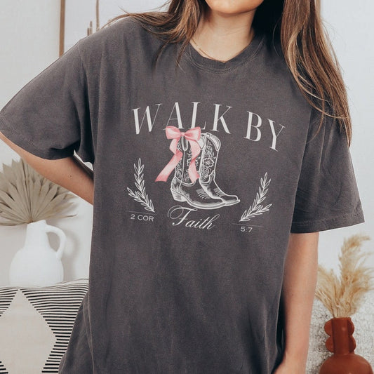 Coquette Cowgirl Boots Christian Tshirt, Walk By Faith Aesthetic Pink Bow 
Shirt, Trendy Jesus Faith Apparel Gift, Religious Friend Gift Idea
