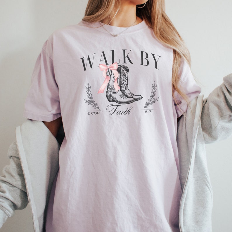 Coquette Cowgirl Boots Christian Tshirt, Walk By Faith Aesthetic Pink Bow 
Shirt, Trendy Jesus Faith Apparel Gift, Religious Friend Gift Idea