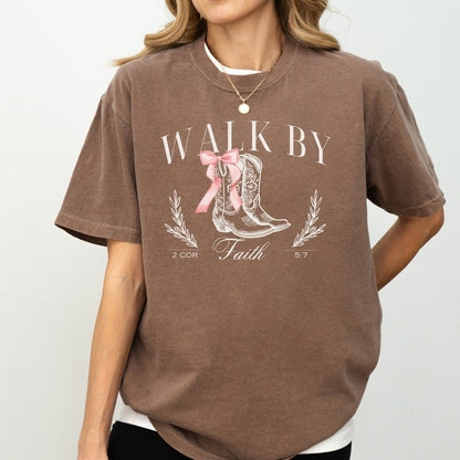 Coquette Cowgirl Boots Christian Tshirt, Walk By Faith Aesthetic Pink Bow 
Shirt, Trendy Jesus Faith Apparel Gift, Religious Friend Gift Idea